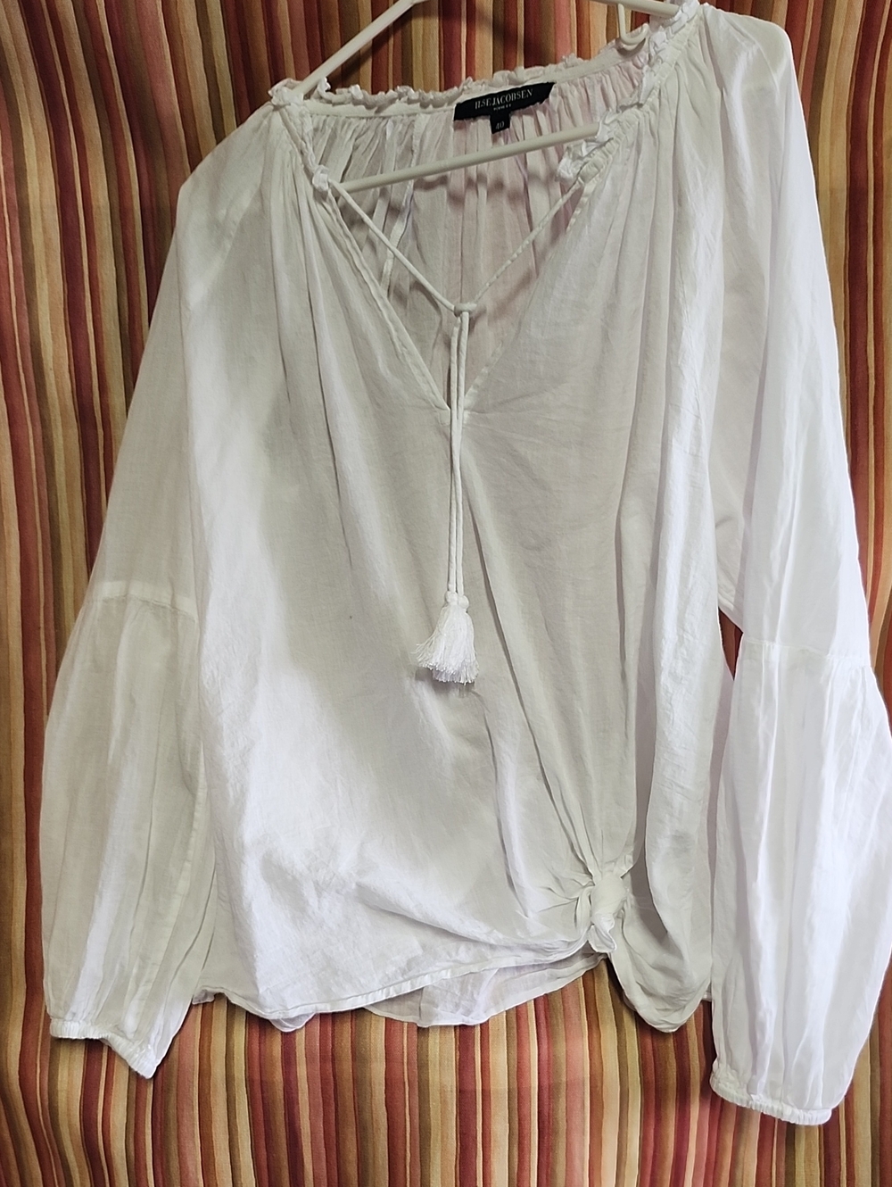 Eileen Fisher White Tassel Peasant Blouse with Front Knot